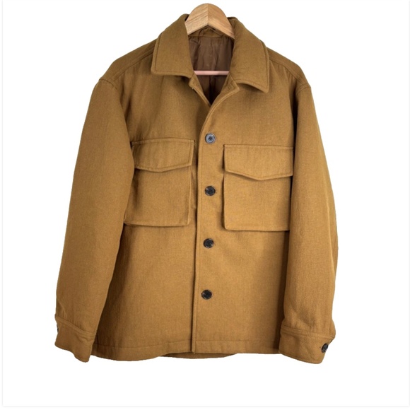 H&M Wool Shirt Jacket Mens S Double Pockets Camel Brown Minimalist Shacket Coat - Picture 3 of 13